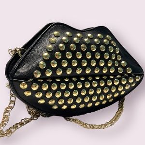 Kiss Stud Faux Leather Gold Chain Shoulder Bag